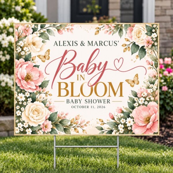 Baby in Bloom baby shower yard sign with pink and ivory flowers, greenery, gold butterflies, and custom names displayed on a lawn.