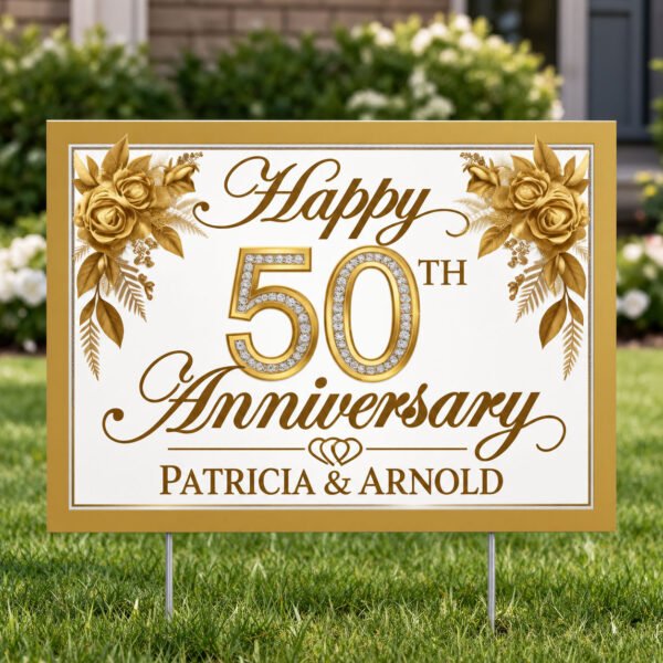 Golden 50th Anniversary Yard Sign The Brat Shack