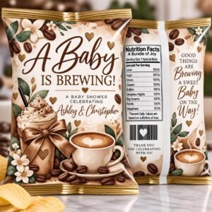 A Baby Is Brewing baby shower chip bags with coffee beans, cappuccino, caramel tones, and floral accents