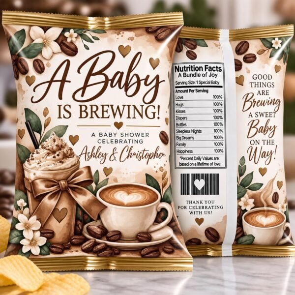 A Baby Is Brewing baby shower chip bags with coffee beans, cappuccino, caramel tones, and floral accents