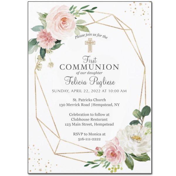 Modern Blush Pink Floral First Communion Invitation