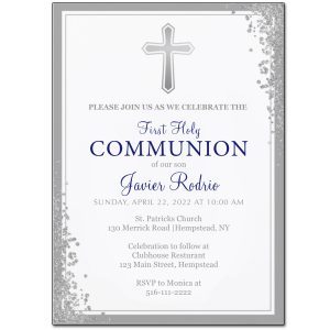 Silver Glitter Navy Blue First Holy Communion Invitation