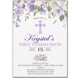 Watercolor Floral Lavender First Holy Communion Invitation