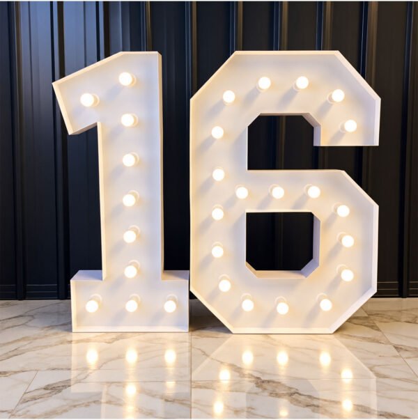 White illuminated marquee numbers 16 available for birthday and Sweet 16 party rentals on Long Island