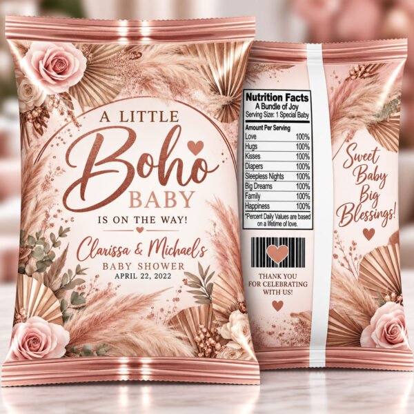 A Little Boho Baby Shower Chip Bags featuring blush roses, pampas grass, and dusty rose bohemian details