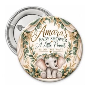 Baby Elephant Girl Theme Baby Shower Button with floral greenery, gold accents, and custom baby shower wording