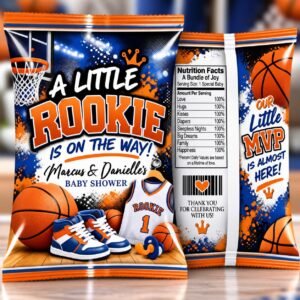 A Little Rookie basketball baby shower chip bags featuring blue and orange basketball graphics, baby sneakers, and hoop