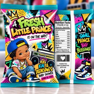Personalized Fresh Little Prince baby shower chip bags featuring a colorful graffiti design, baby prince, and retro boombox