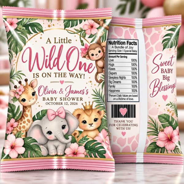 Personalized Pink Wild One Safari Baby Shower Chip Bags featuring baby giraffe, elephant, lion, monkey, pink tropical flowers, and custom names.