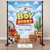 Personalized Boy Story baby shower backdrop with blue sky, clouds, western decorations and couple's names