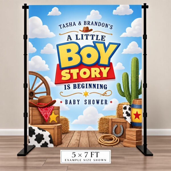 Personalized Boy Story baby shower backdrop with blue sky, clouds, western decorations and couple's names