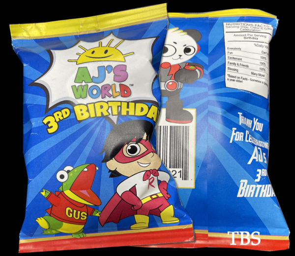 the brat shack- ryan's world chip bag favor