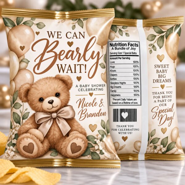 We Can Bearly Wait baby shower chip bags featuring a teddy bear, champagne balloons, and greenery