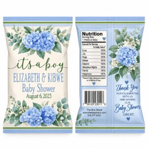 Blue Hydrangea Baby Shower Chip Bags featuring blue flowers, eucalyptus greenery, and ivory floral design