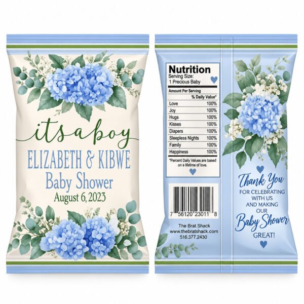 Blue Hydrangea Baby Shower Chip Bags featuring blue flowers, eucalyptus greenery, and ivory floral design