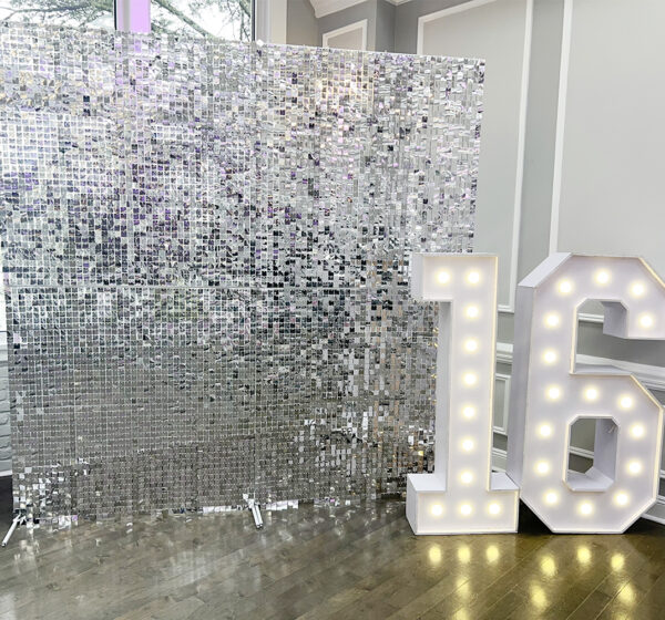 Silver Shimmer Wall with Number Marquee