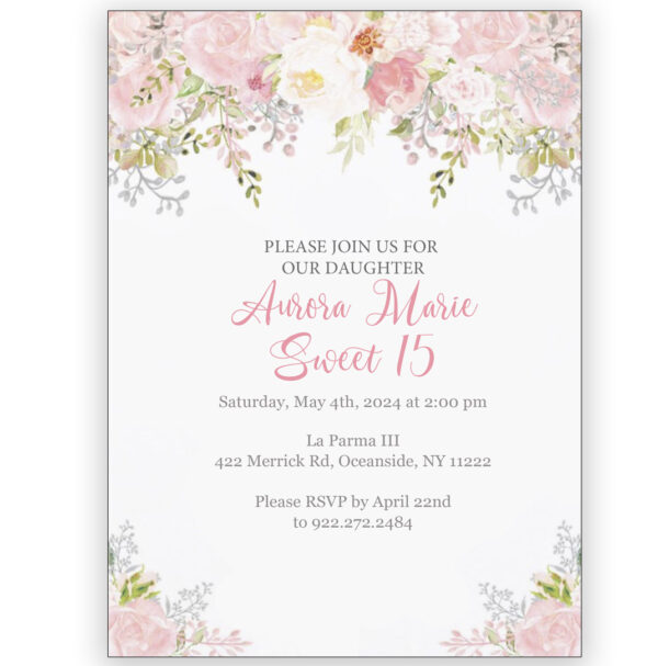 pink floral sweet 16 quince invite
