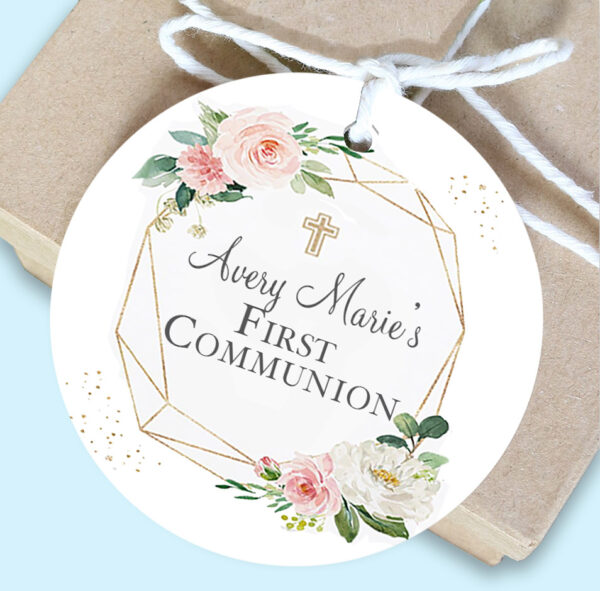 Modern Blush Pink Floral First Communion Favor tags the brat shack