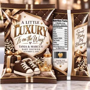 A Little Luxury Baby Shower Chip Bags with chocolate brown, champagne gold, satin bows, and baby sneakers
