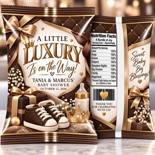 A Little Luxury Baby Shower Chip Bags with chocolate brown, champagne gold, satin bows, and baby sneakers
