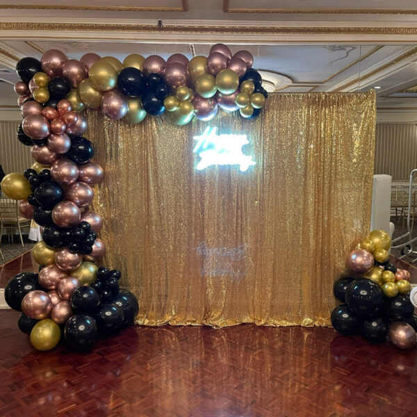 Curtain Backdrop with Half Balloon Garland & Neon Sign