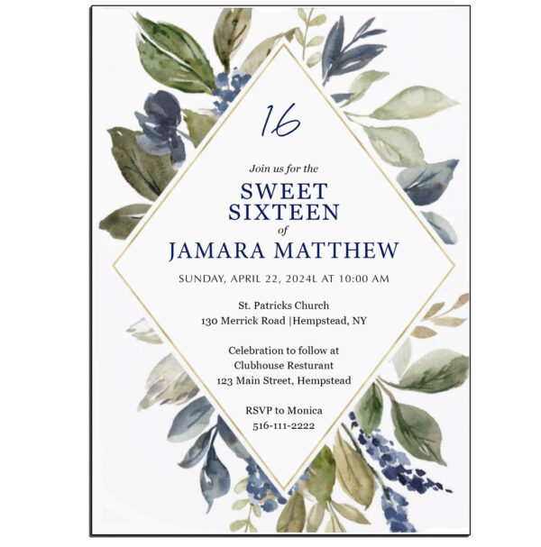 navy floral sweet 16 invite the brat shack