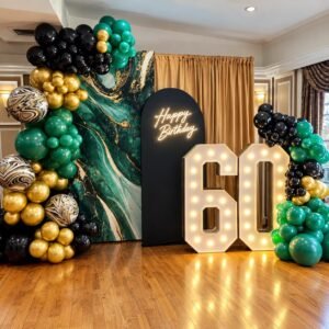 Elegant Emerald and Gold with marble 60th Birthday party setup