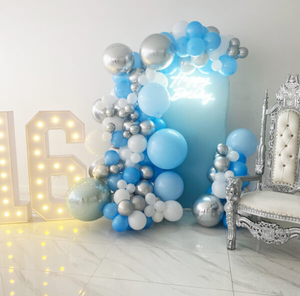 Happy Birthday Custom Single Wall Panel Backdrop with Jumbo Balloon Garland and Acrylic Sign The Brat Shack