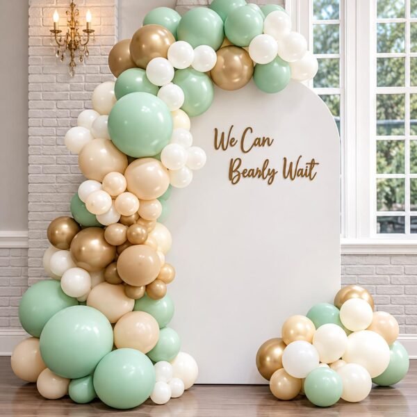 we can bearly wait Neutral Mint Baby Shower Backdrop