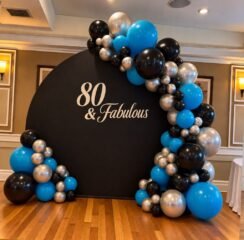 80th Birthday Backdrop with Blue, Black & Silver Balloon Garland