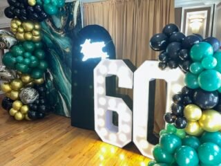 Elegant 60th Birthday Balloon Backdrop & Marquee Number Display.