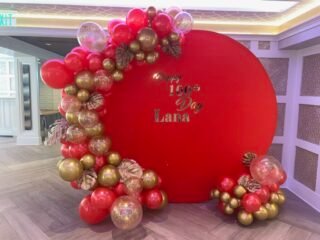 100th Day Birthday Celebration Red & Gold Balloon arch