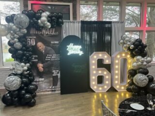 60th Birthday Balloon Backdrop with Marquee Numbers & Custom Photo Wall