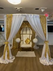 Gold & White Draped Canopy Backdrop with Royal Throne Chair