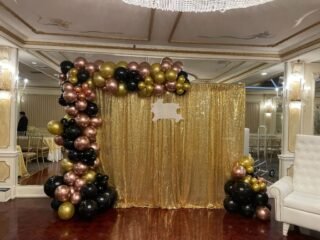 Gold Sequin Birthday Backdrop with Organic Balloon Garland – Black, Gold & Rose Gold