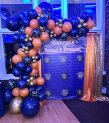 Birthday & Retirement Backdrop with Navy Blue, Peach & Gold Balloon Garland