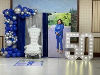50th Birthday Balloon Backdrop with Throne Chair & Marquee Numbers