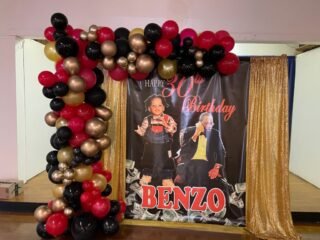 30th Birthday Custom Photo Backdrop with Red, Black & Gold Balloon Garland