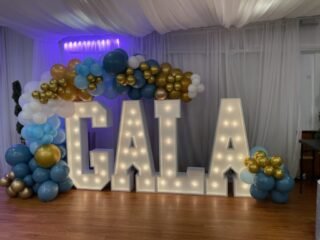 Gala Marquee Letters with Blue, White & Gold Balloon Garland
