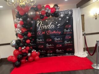 60th Birthday Step & Repeat with Red, Black & Silver Balloon Garland