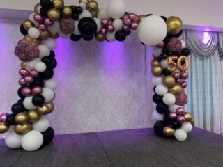 50th Birthday Balloon Arch with Black, White, Gold & Rose Gold Balloons