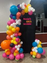 60th Birthday Groovy Backdrop with Colorful Organic Balloon Garland