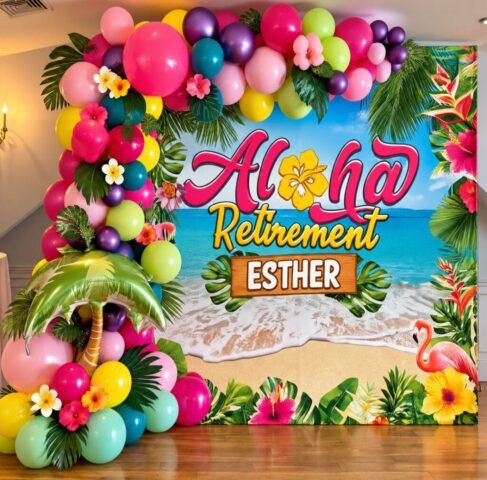 luau-retirement-backdrop-balloongarland