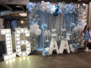 winter wonderland sweet 16 party set up