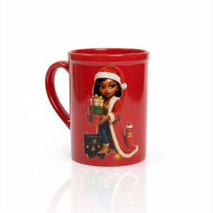 Red Christmas mug with illustrated girl in Santa outfit holding gifts the brat shack