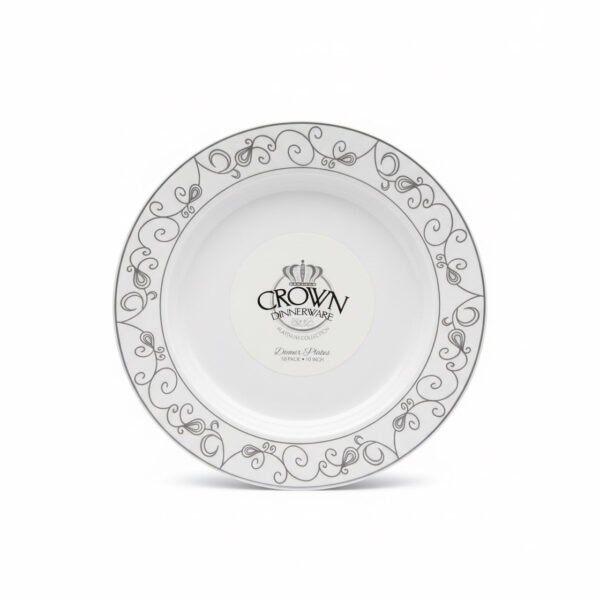 white 10 inch plate with silver swirl
