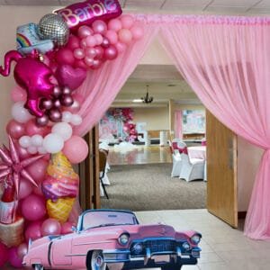 the brat shack barbie theme party entry arch
