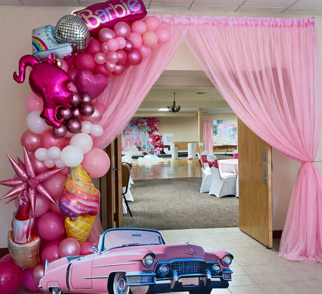 the brat shack barbie theme party entry arch