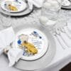 blue & silver Flower Plate Charger Insert set up the brat shack