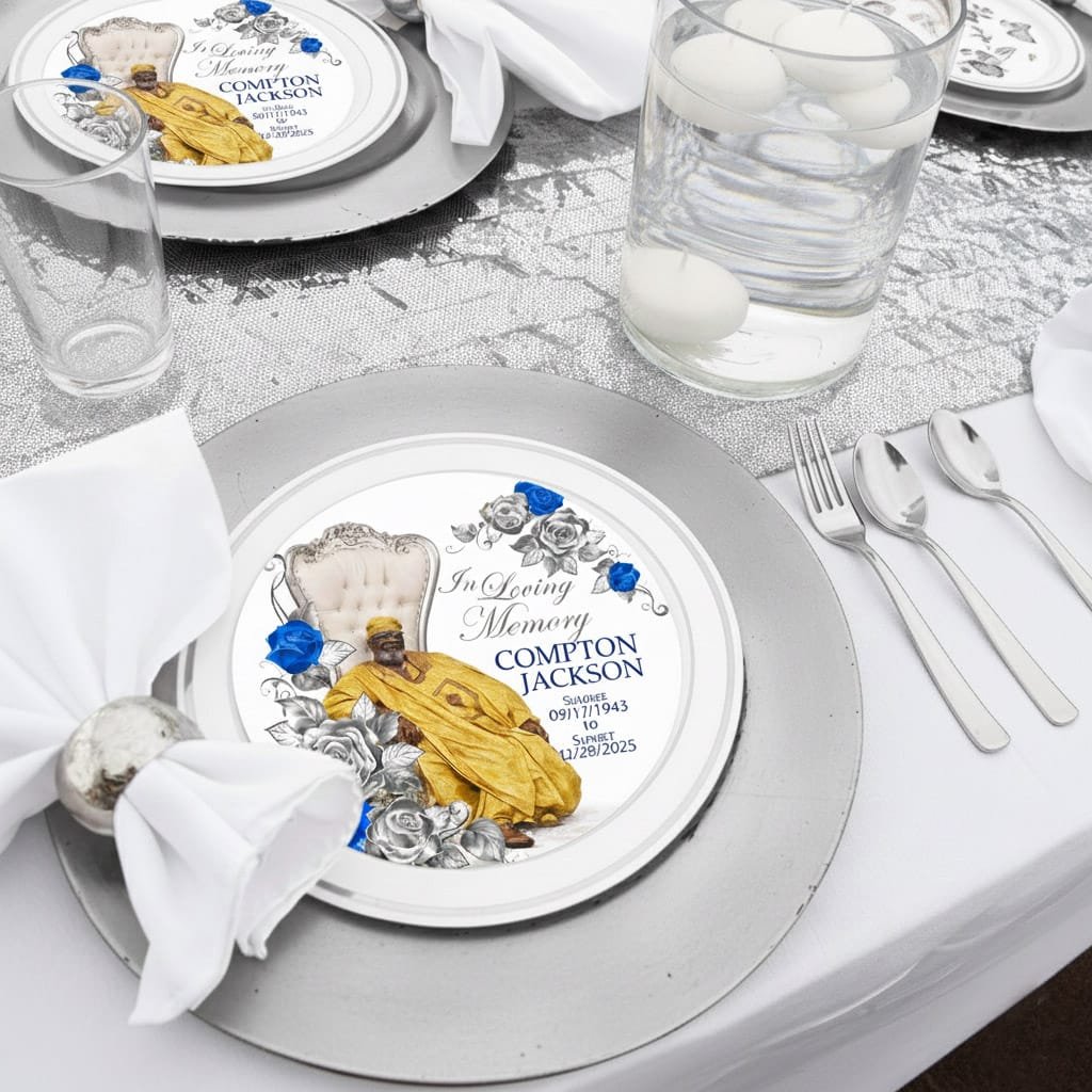 blue & silver Flower Plate Charger Insert set up the brat shack